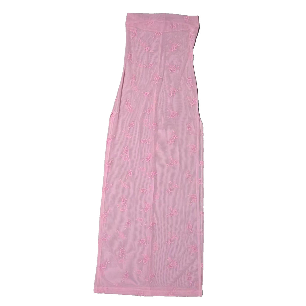 Vintage 90s Body Language Pink Mesh Floral Maxi Skirt Slit Made in USA Medium